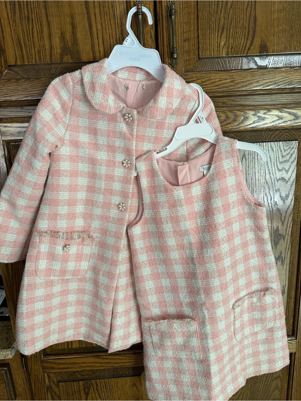 Girls Pink Plaid Boucle Coat and Dress Set